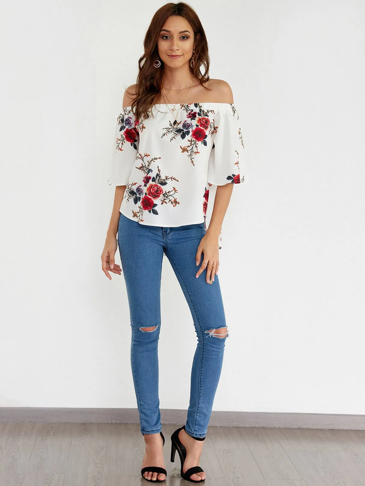 Custom Off The Shoulder Floral Print Half Sleeve Blouses