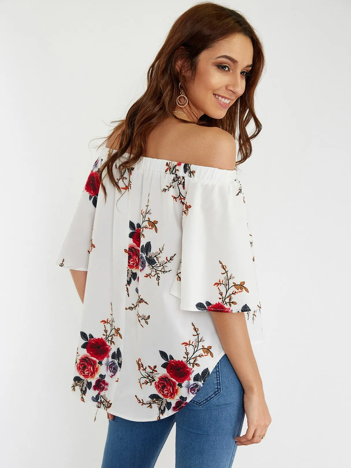 Custom Off The Shoulder Floral Print Half Sleeve Blouses