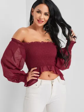 Custom Off The Shoulder Long Sleeve Ruffle Hem Burgundy Blouses