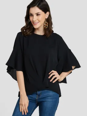 Custom Round Neck Plain Half Sleeve Black Blouses