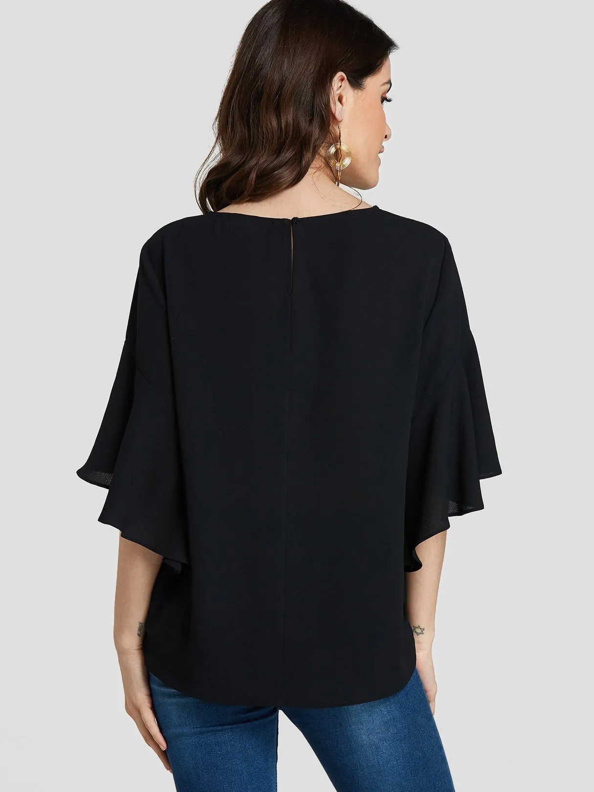 Custom Round Neck Plain Half Sleeve Black Blouses