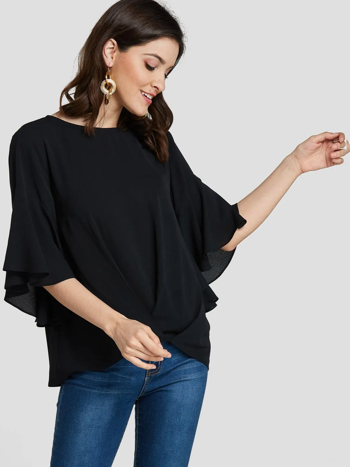 Custom Round Neck Plain Half Sleeve Black Blouses