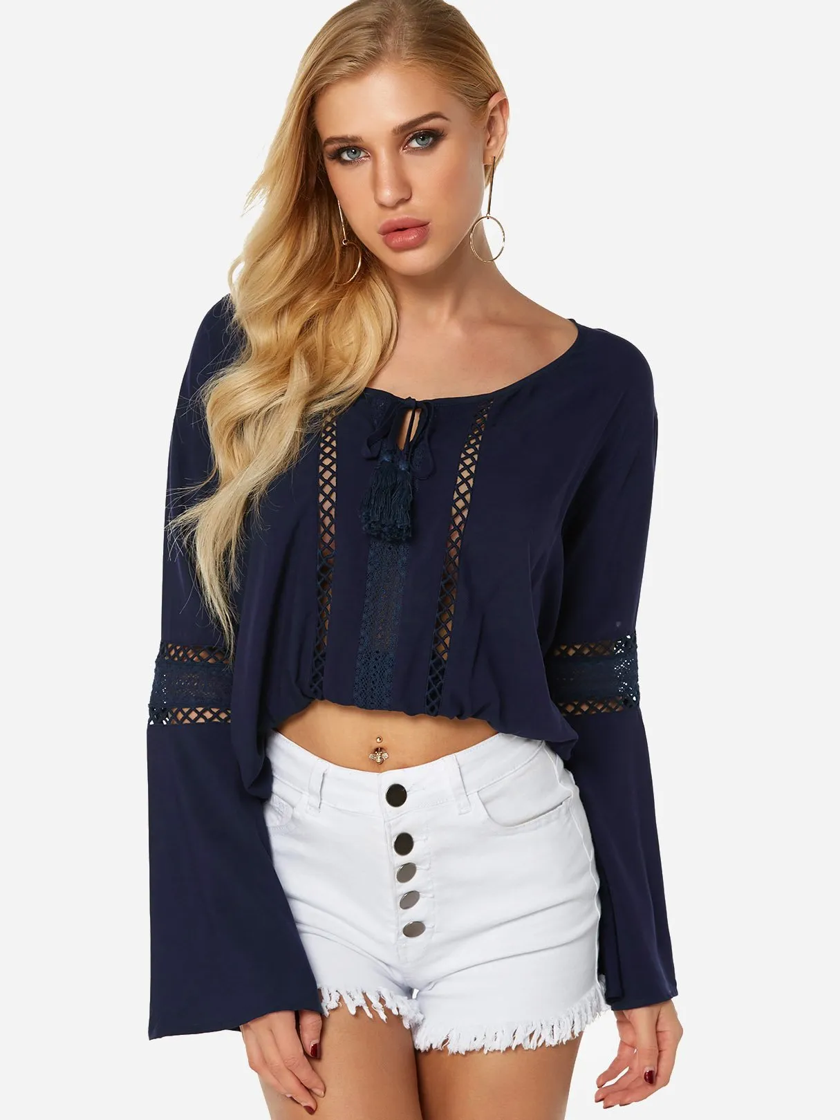 Custom Round Neck Plain Lace Hollow Self-Tie Long Sleeve Navy Blouses