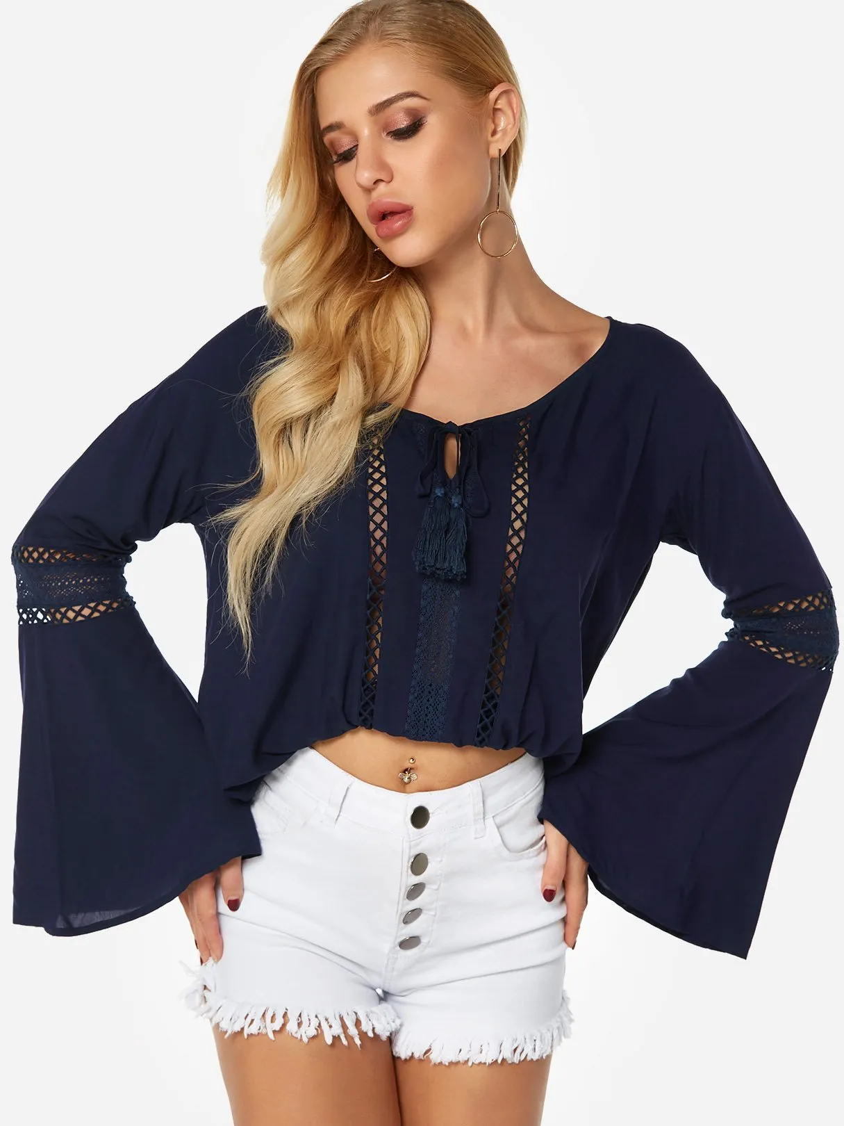 Custom Round Neck Plain Lace Hollow Self-Tie Long Sleeve Navy Blouses