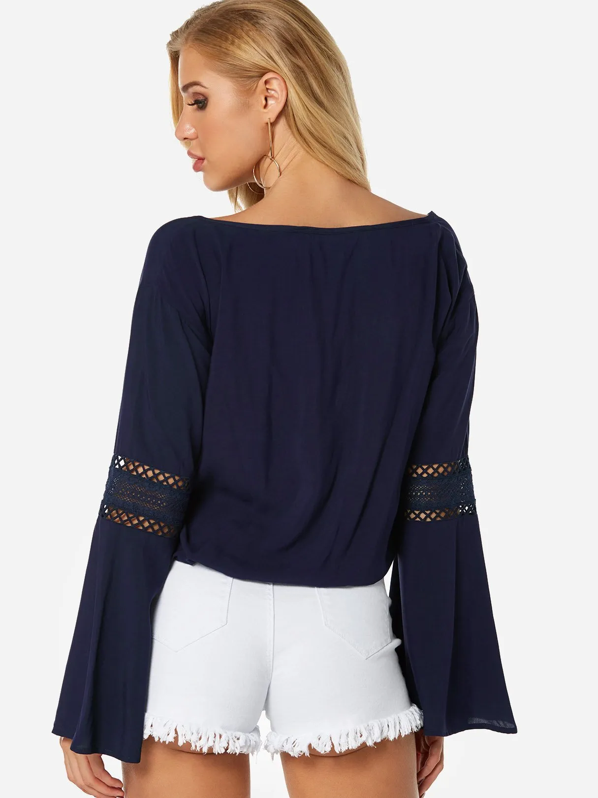 Custom Round Neck Plain Lace Hollow Self-Tie Long Sleeve Navy Blouses