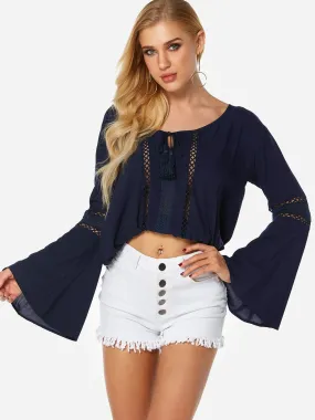 Custom Round Neck Plain Lace Hollow Self-Tie Long Sleeve Navy Blouses