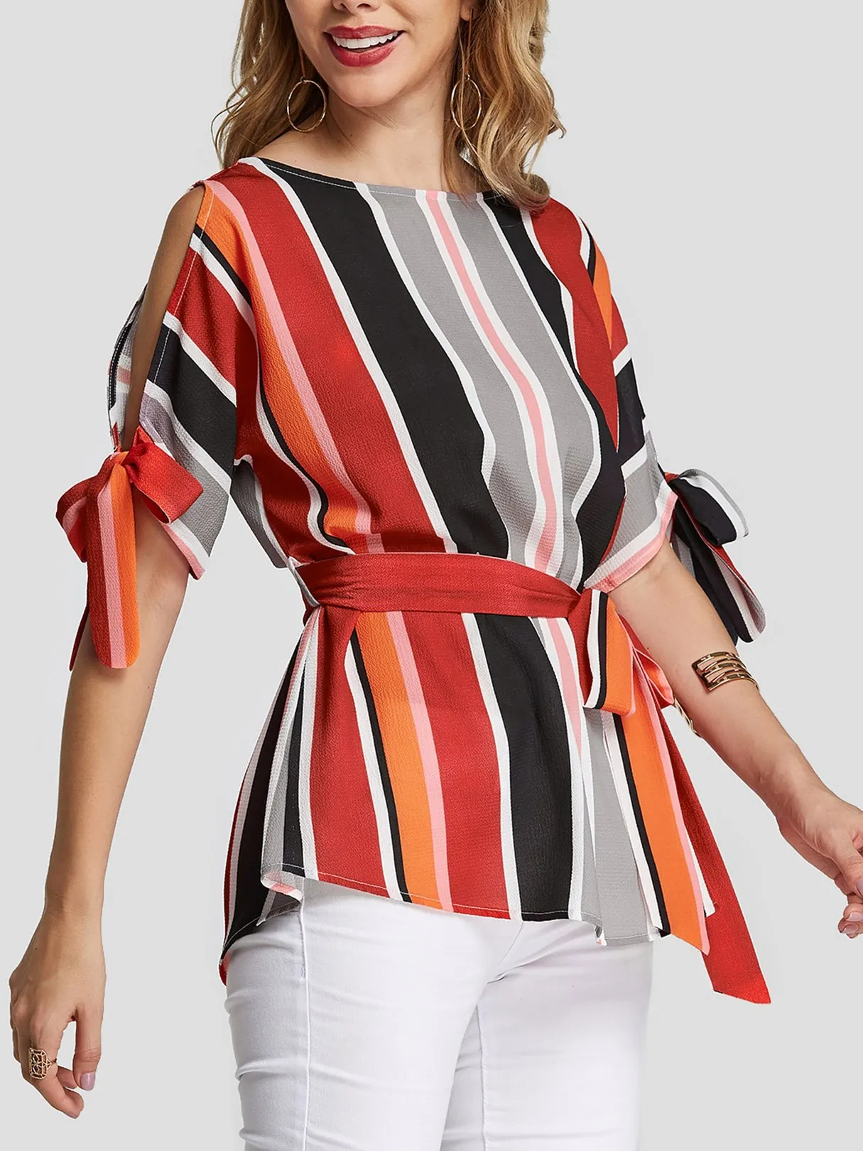 Custom Stripe Cut Out Self-Tie Half Sleeve Blouses