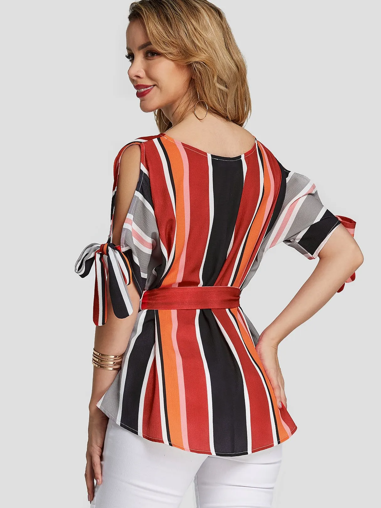 Custom Stripe Cut Out Self-Tie Half Sleeve Blouses