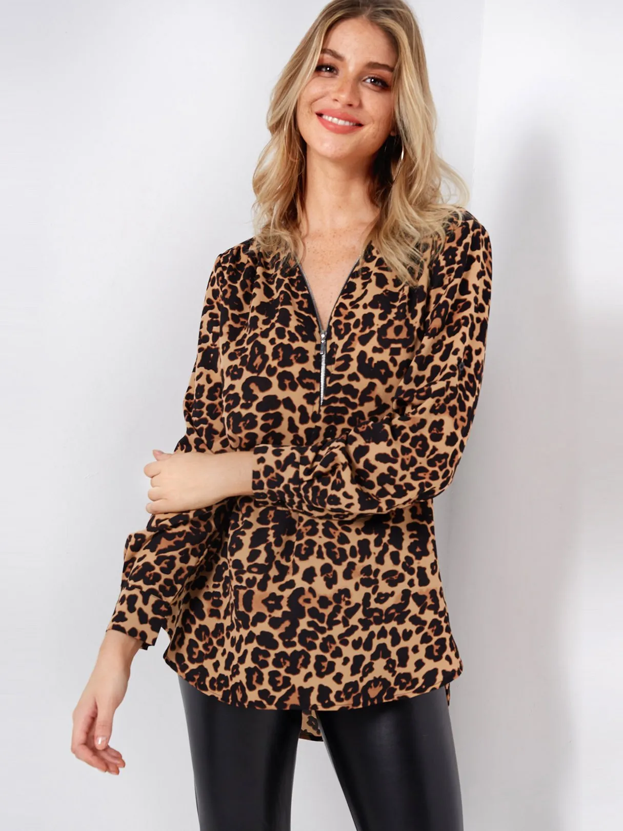 Custom V-Neck Leopard Zip Back Long Sleeve Curved Hem Khaki Blouses