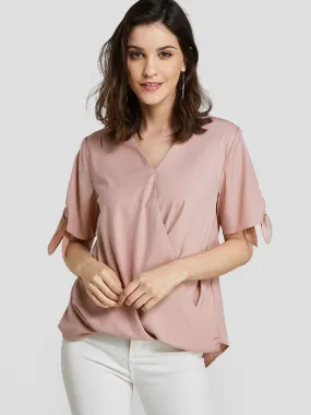 Custom V-Neck Plain Crossed Front Short Sleeve Ruffle Hem Pink Blouses