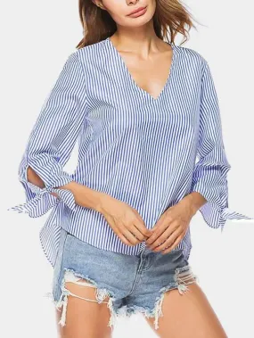 Custom V-Neck Stripe 3/4 Sleeve Irregular Hem Blouses