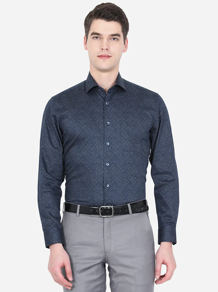 Dark Blue Printed Regular Fit Formal Shirt | JadeBlue