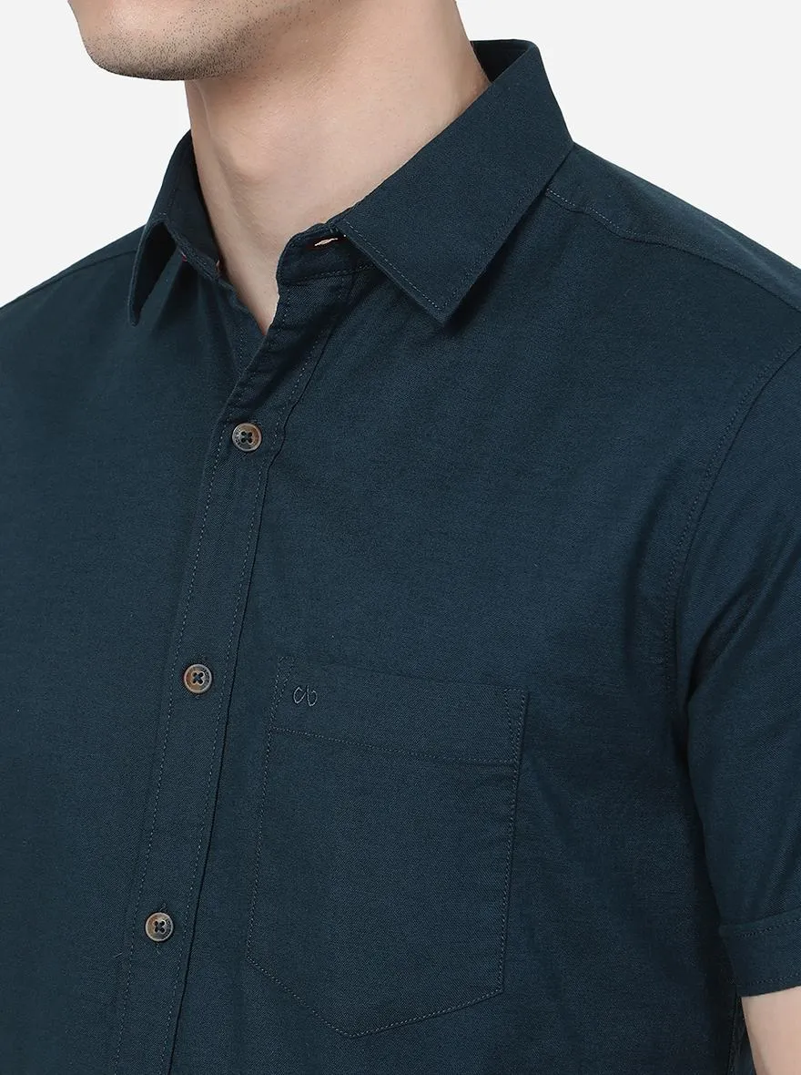 Deep Blue Solid Slim Fit Casual Shirt | JadeBlue