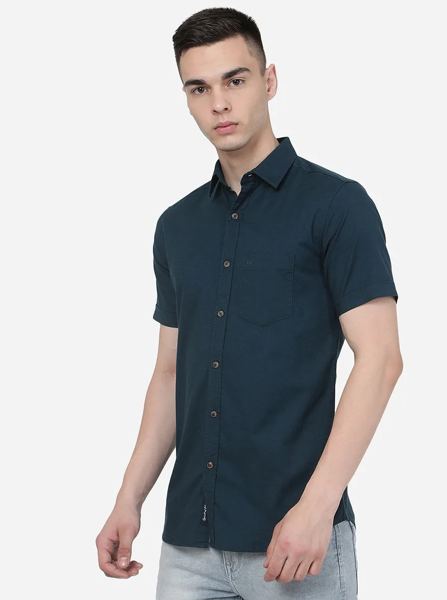 Deep Blue Solid Slim Fit Casual Shirt | JadeBlue