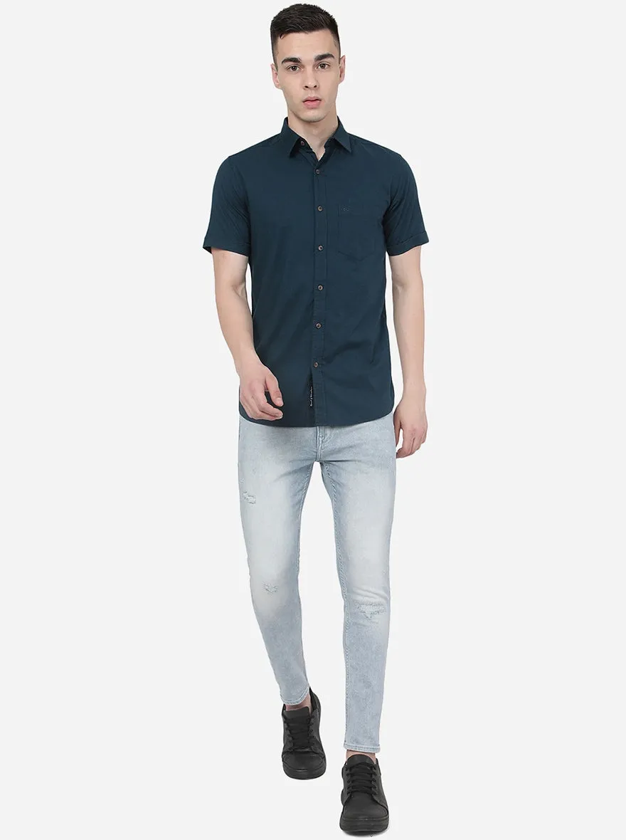 Deep Blue Solid Slim Fit Casual Shirt | JadeBlue