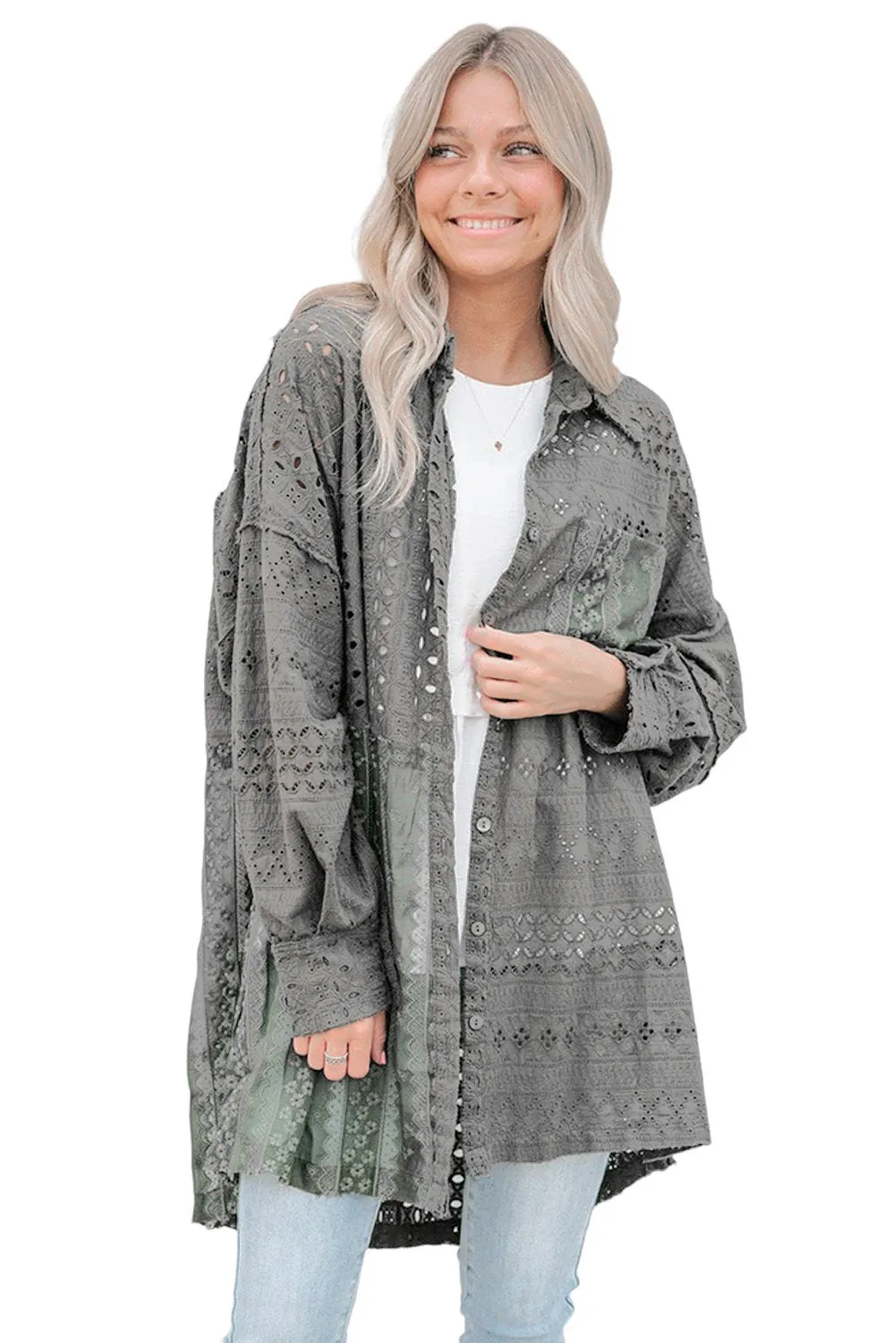 Duffel Green Eyelet Pattern Patchwork Oversized Button Up Shacket