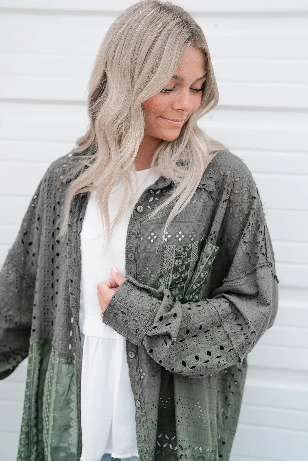 Duffel Green Eyelet Pattern Patchwork Oversized Button Up Shacket