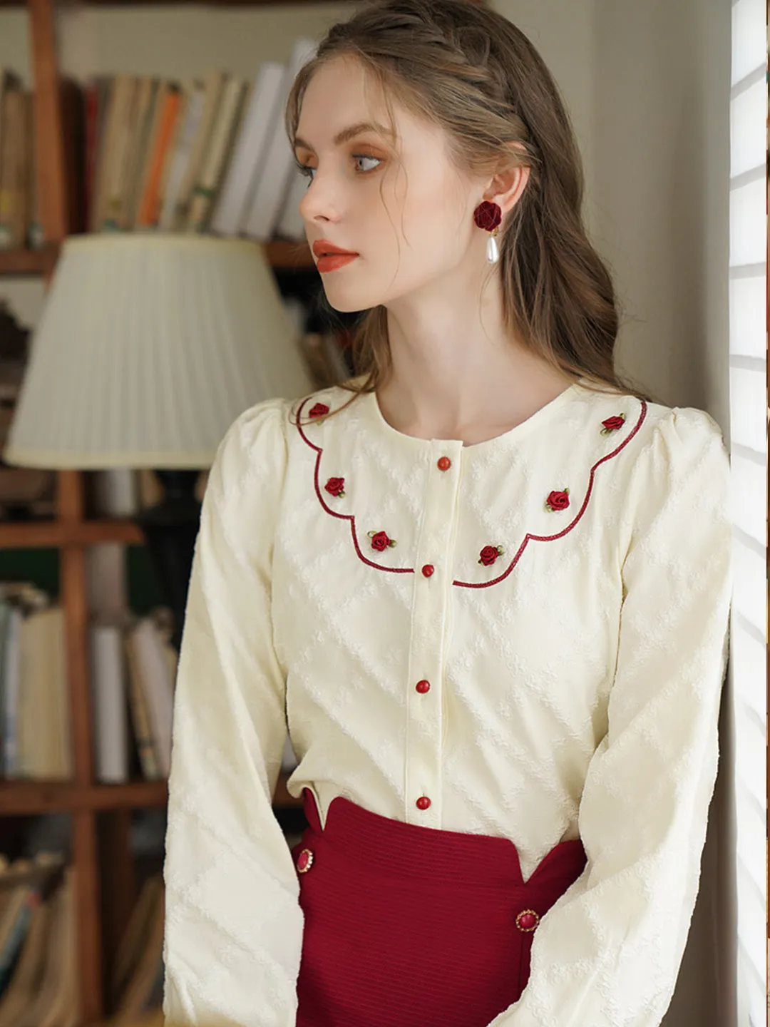 Ethel French Style Rose Embroidery Jacquard Shirt