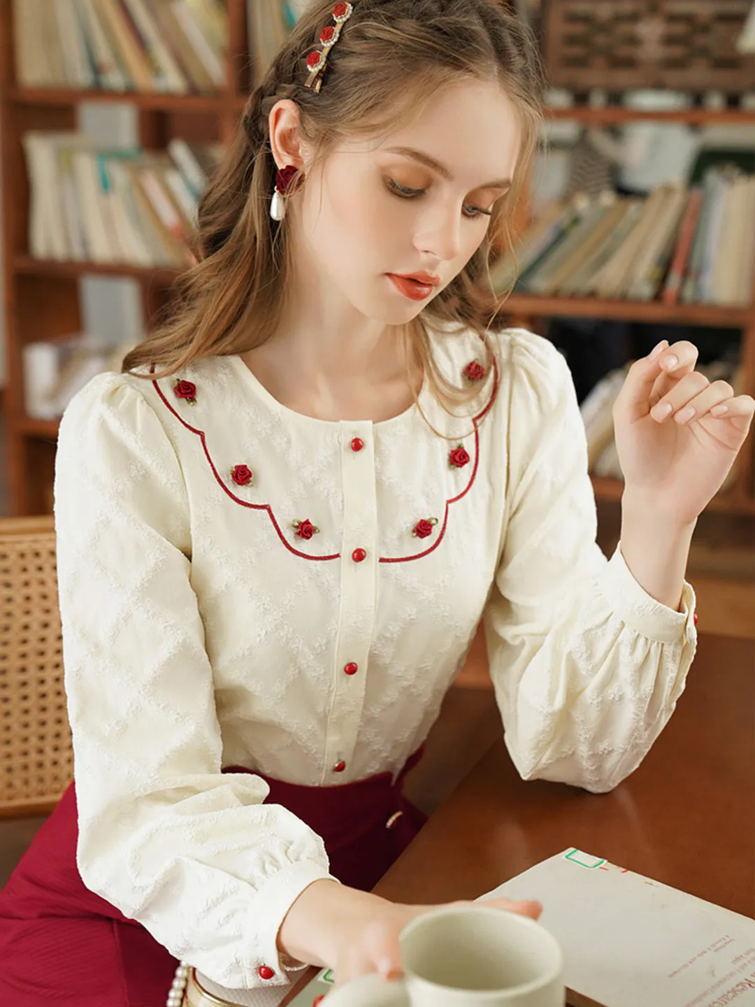 Ethel French Style Rose Embroidery Jacquard Shirt