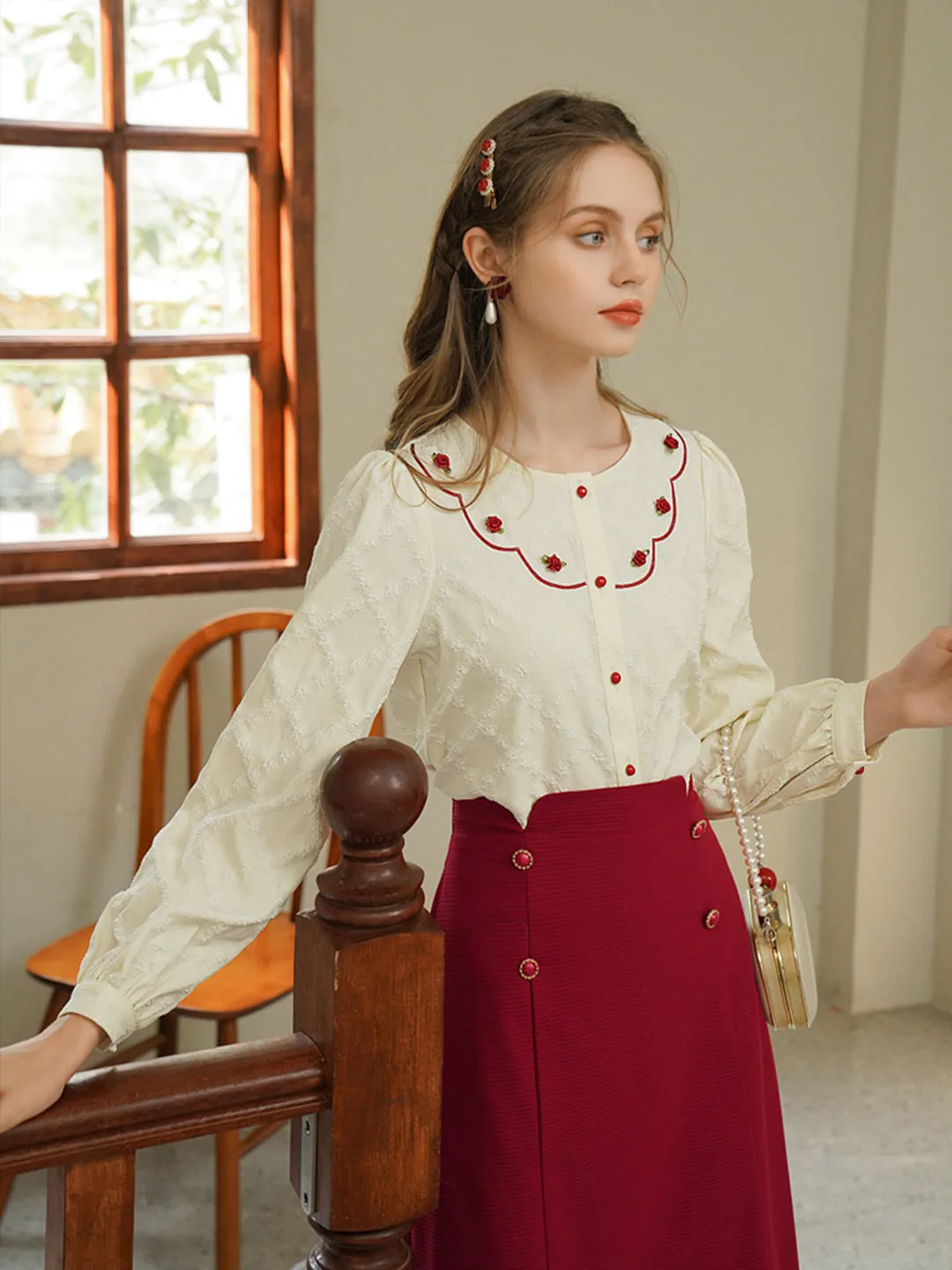 Ethel French Style Rose Embroidery Jacquard Shirt