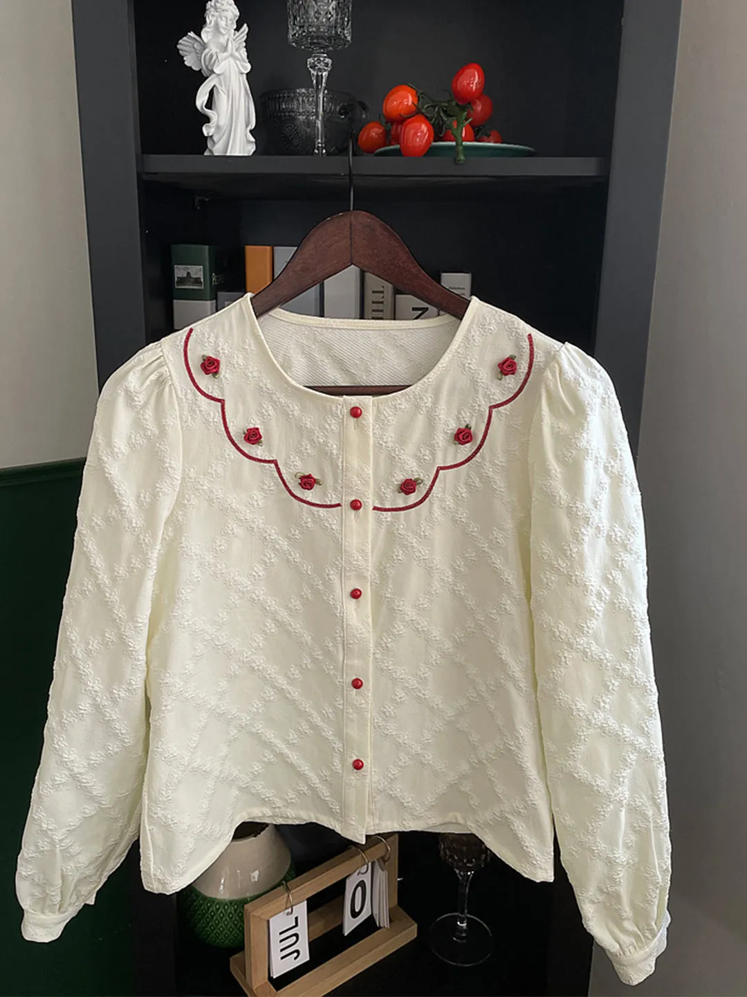 Ethel French Style Rose Embroidery Jacquard Shirt