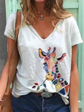 Fashion printed short-sleeved V-neck T-shirt