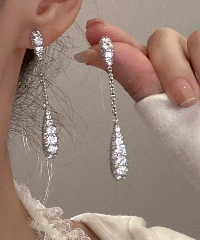 Fashion Silk Sterling Silver Zircon Water Drop Tassel Drop Earrings QQ052