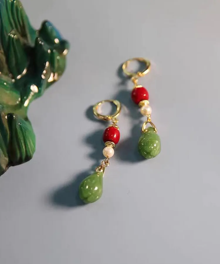 Fine Colorblock Sterling Silver Overgild Jade Orchid Drop Earrings GH1046