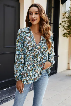 Floral Print long sleeve Blouse Top In Blue