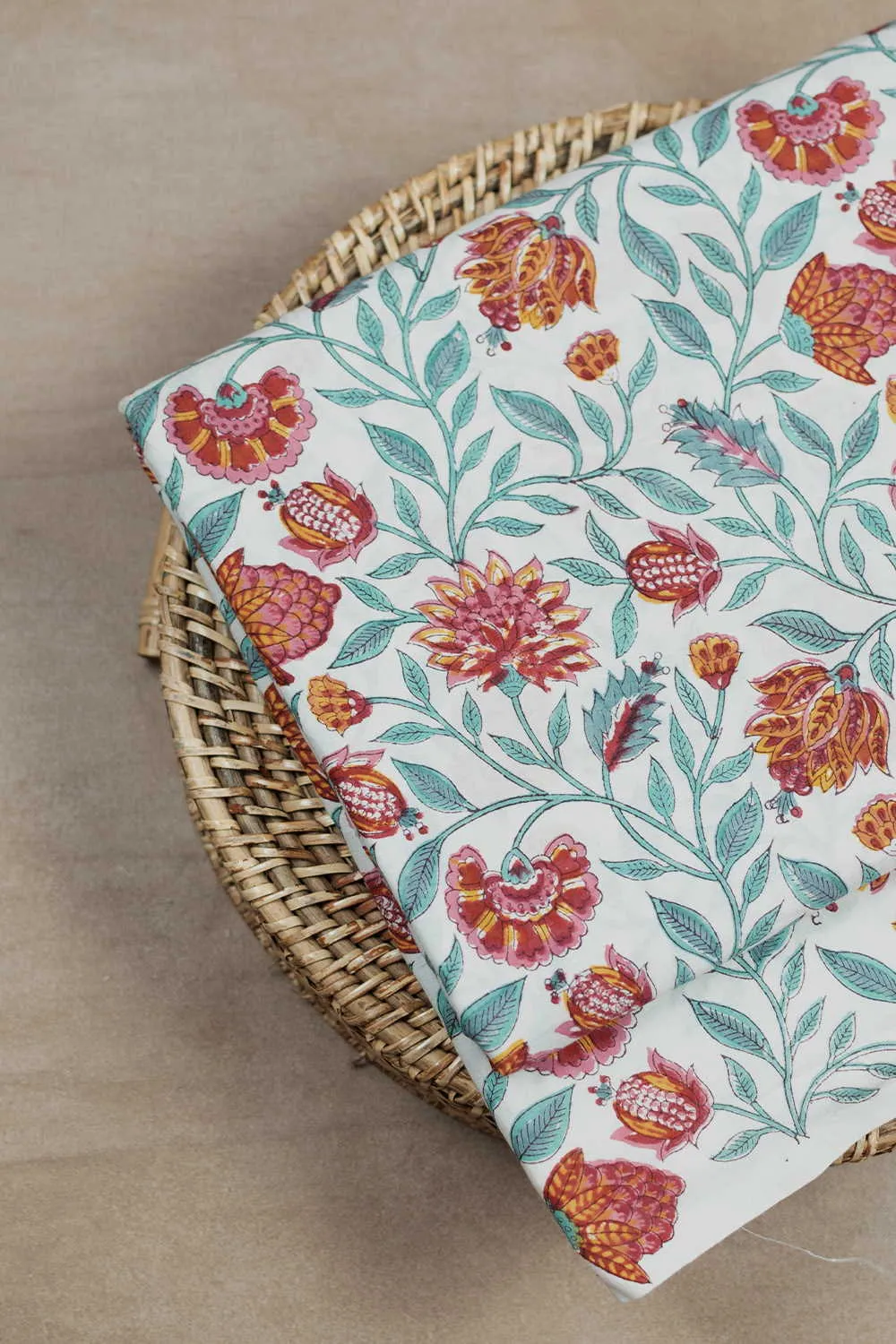 Florals on Cream  Sanganeri Cotton Fabric