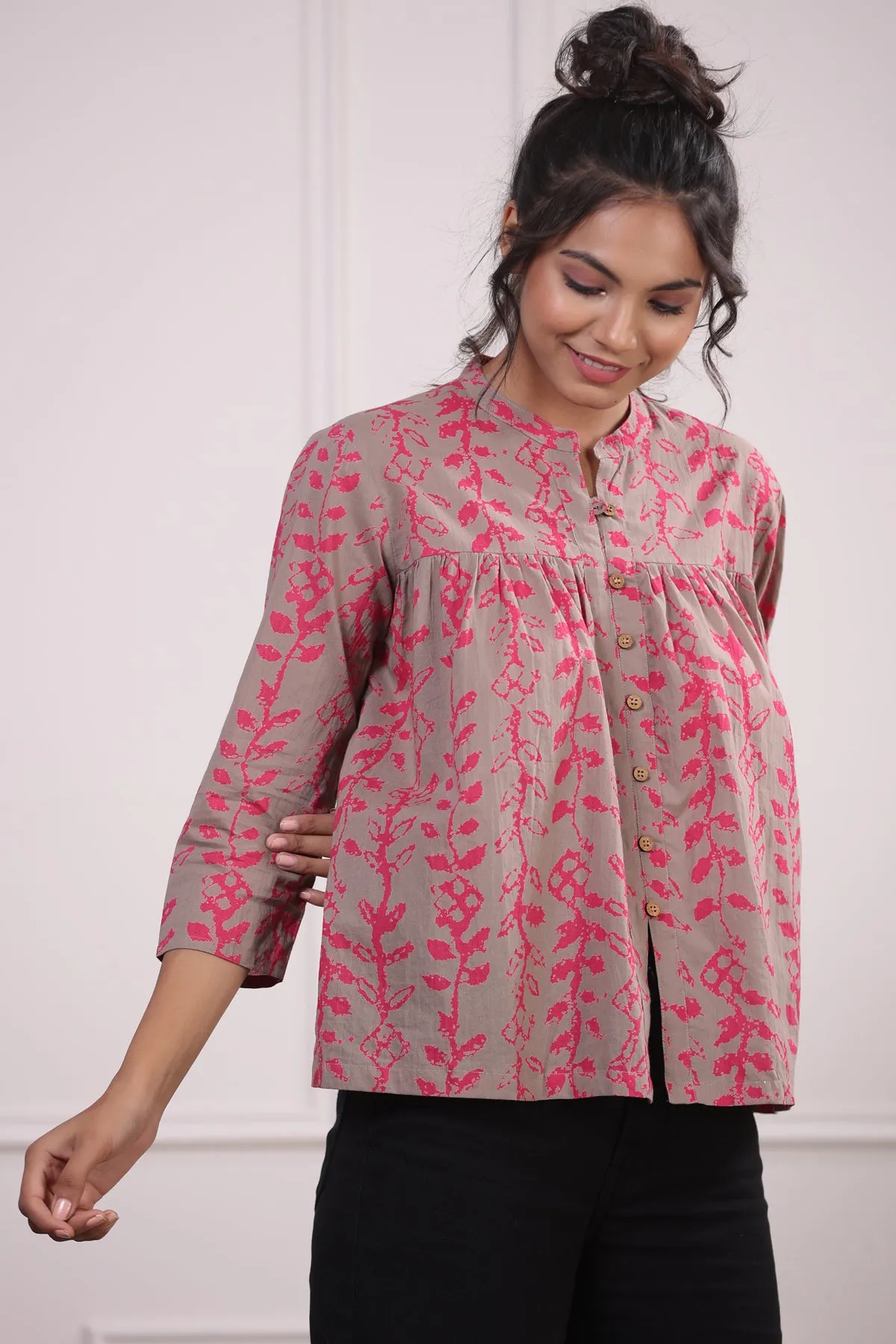 Flowing Leaves on Grey Short Kurti