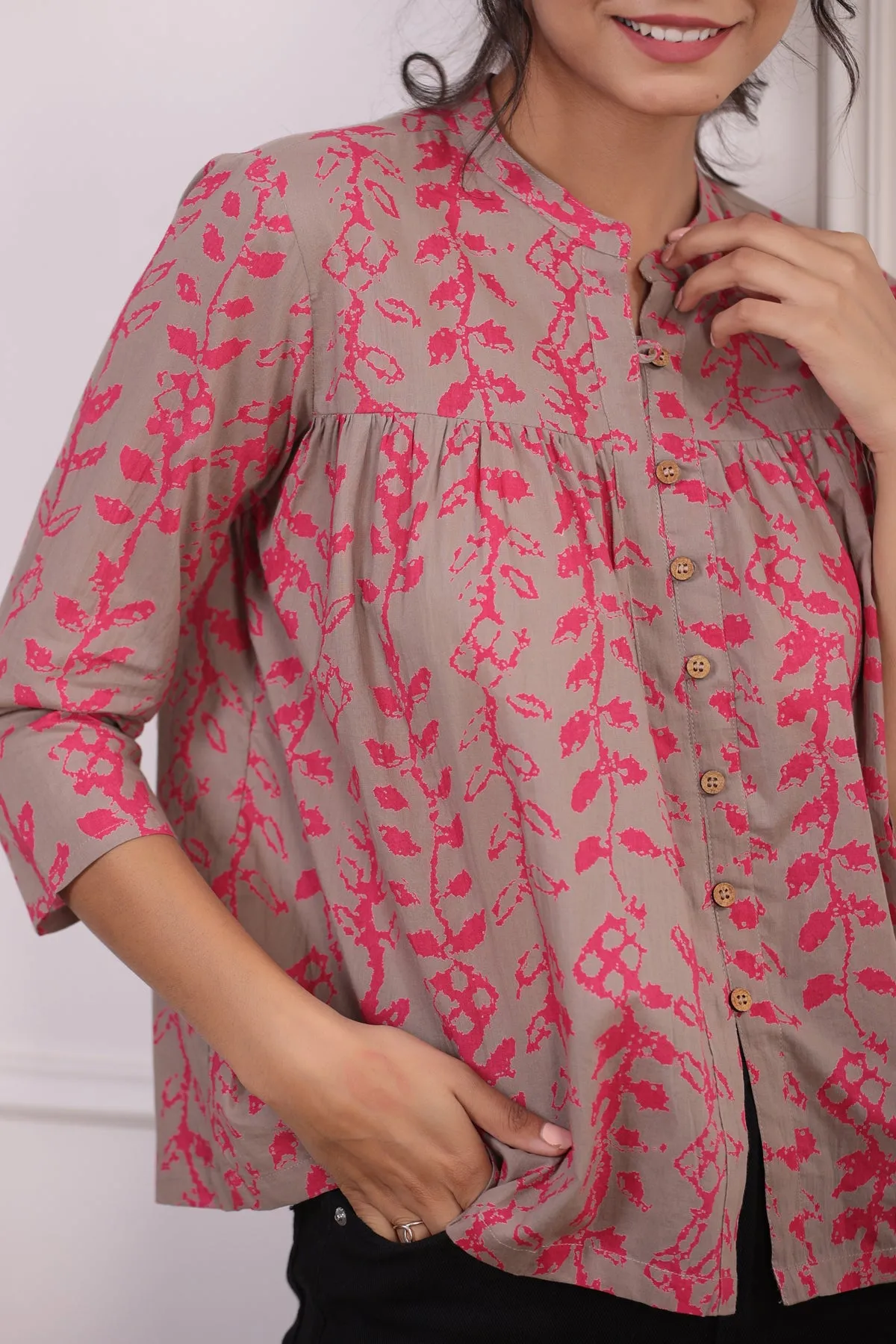 Flowing Leaves on Grey Short Kurti