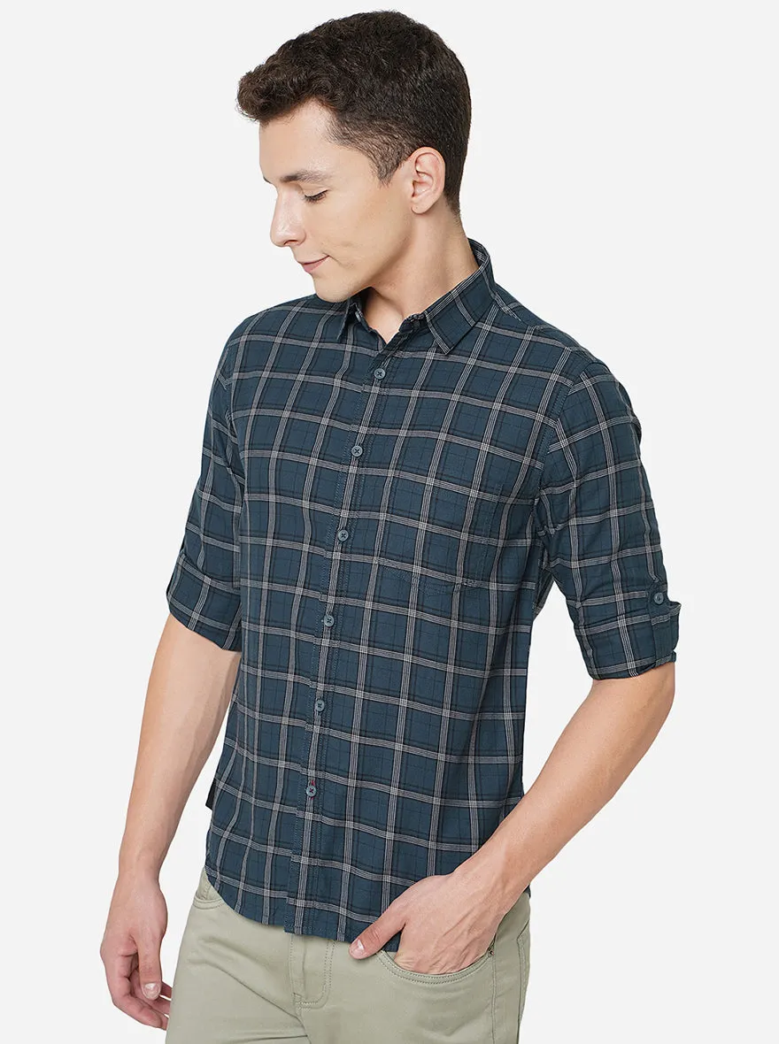 Forest Green Checked Slim Fit Semi Casual Shirt | Greenfibre