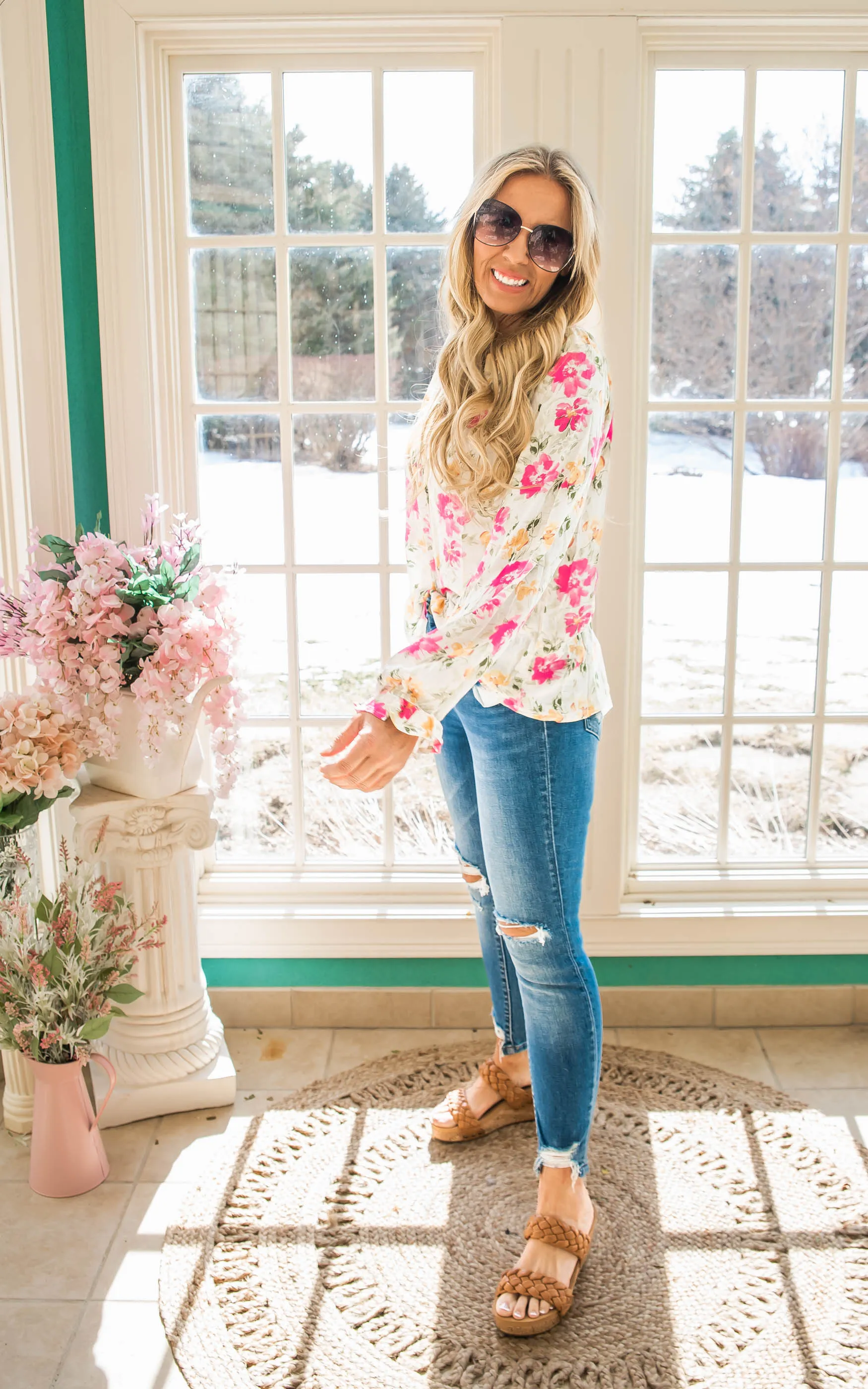 Fun Floral Top With Split Neckline