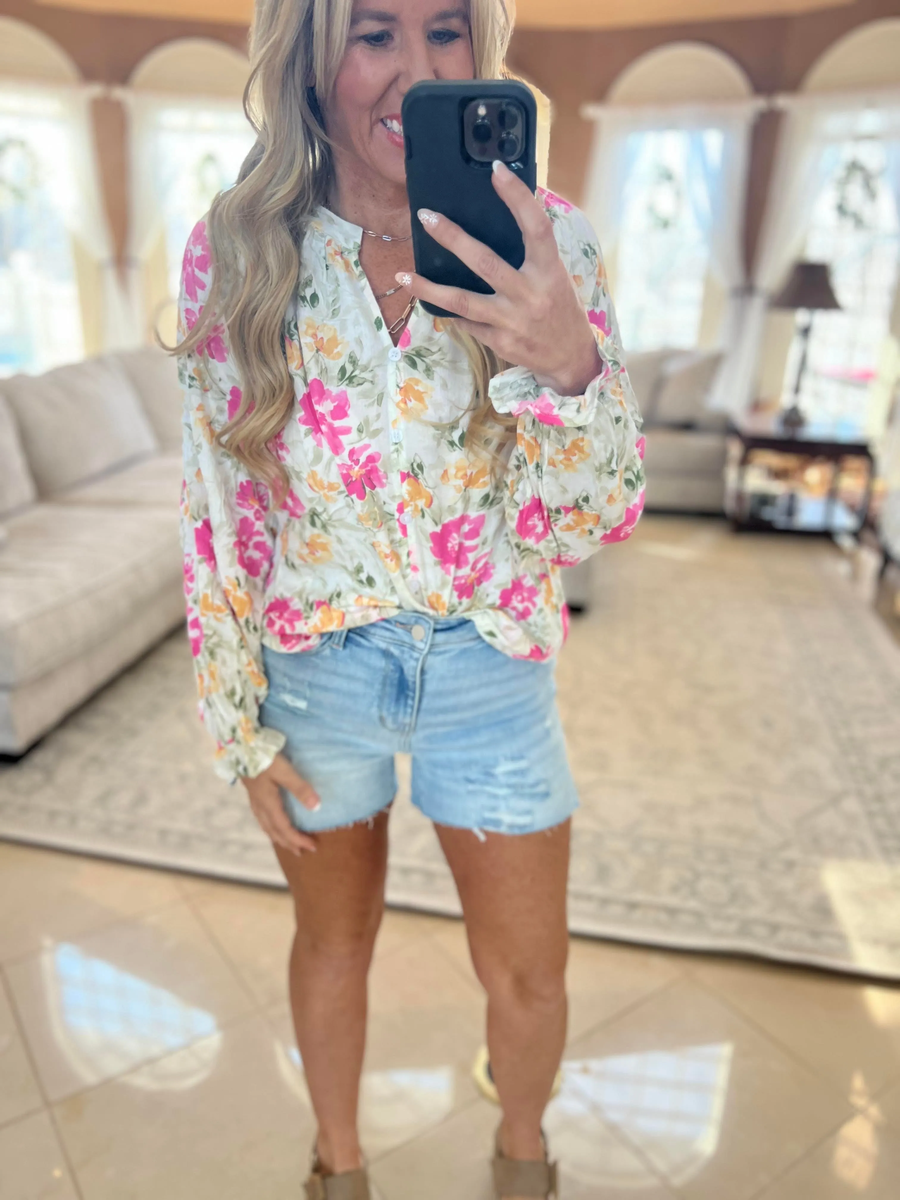 Fun Floral Top With Split Neckline