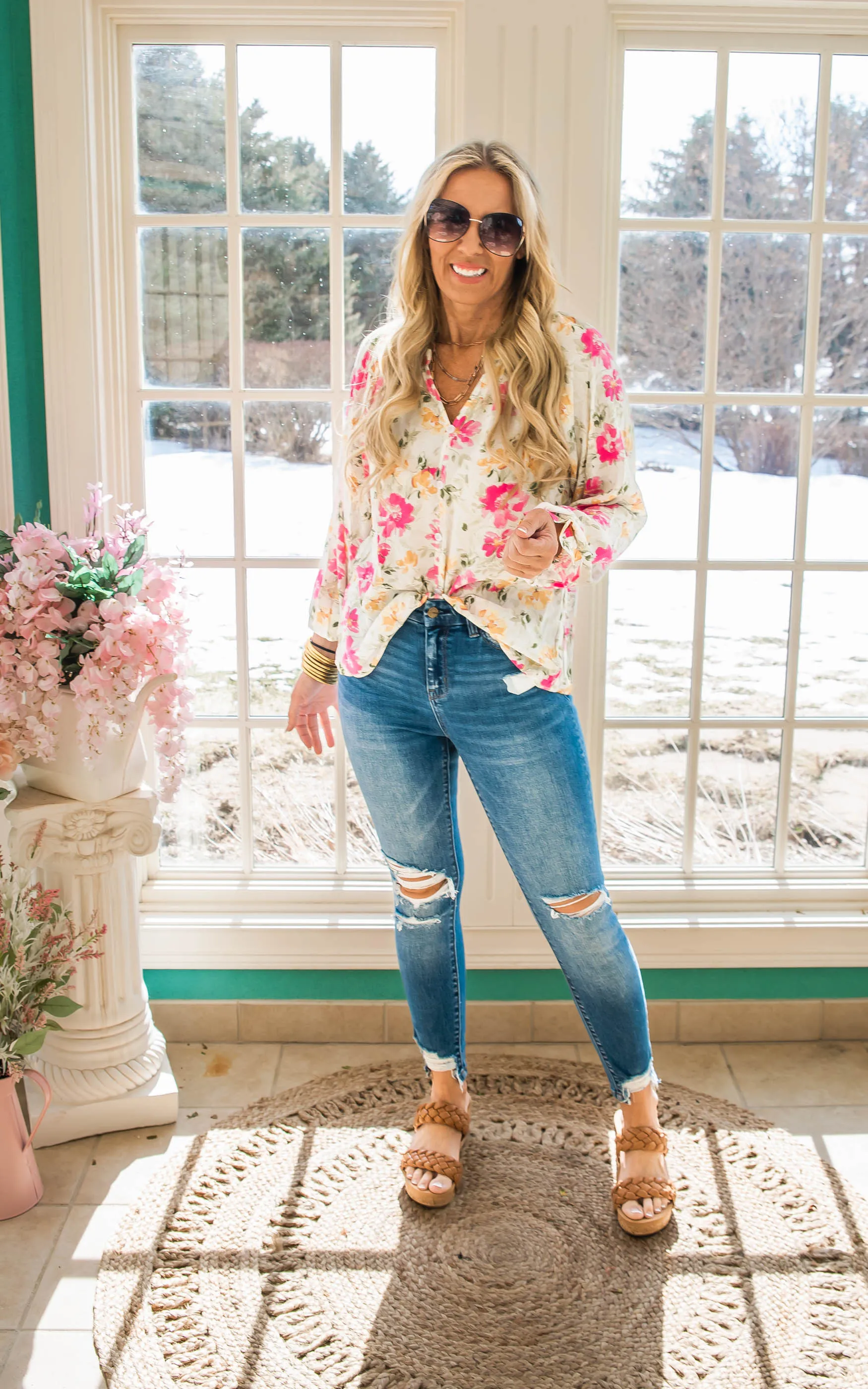 Fun Floral Top With Split Neckline