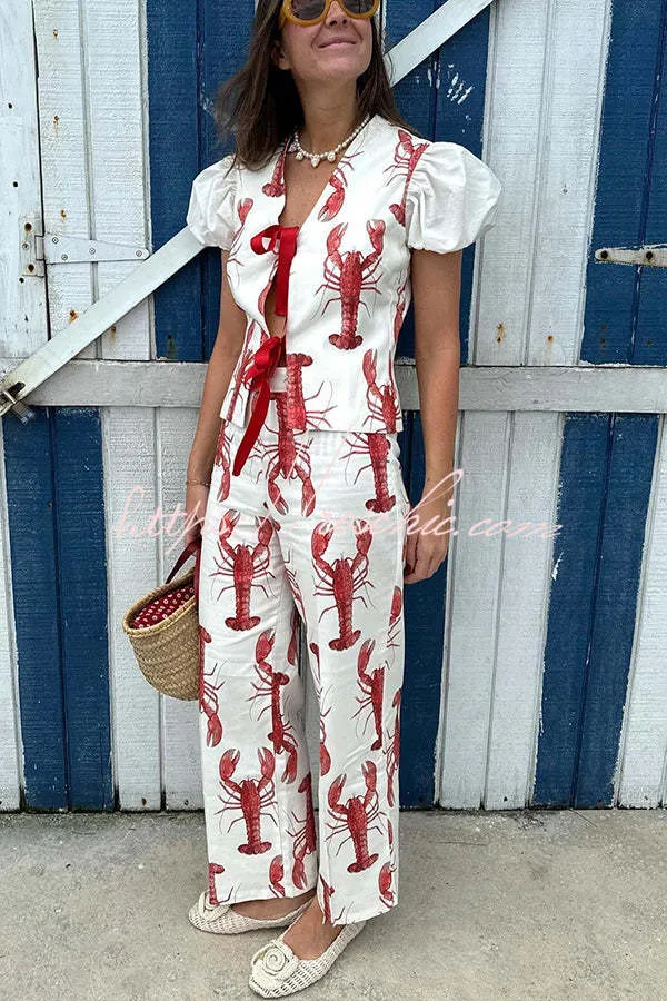 Fun Vacation Lobster Print Front Tie-up Puff Sleeve Loose Shirt