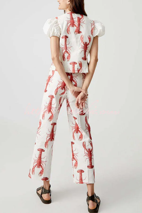 Fun Vacation Lobster Print Front Tie-up Puff Sleeve Loose Shirt