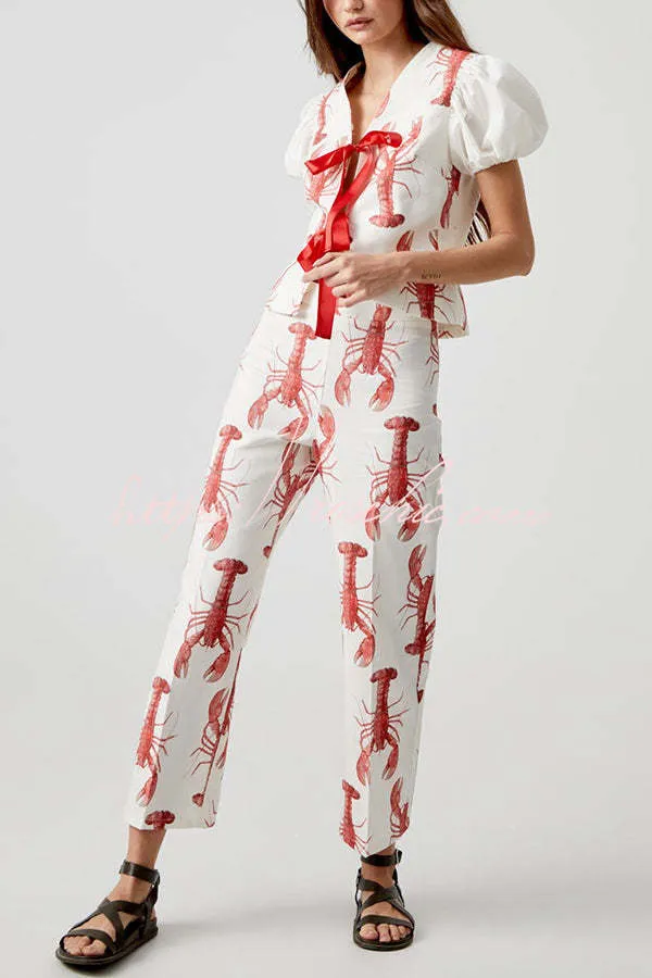 Fun Vacation Lobster Print Front Tie-up Puff Sleeve Loose Shirt