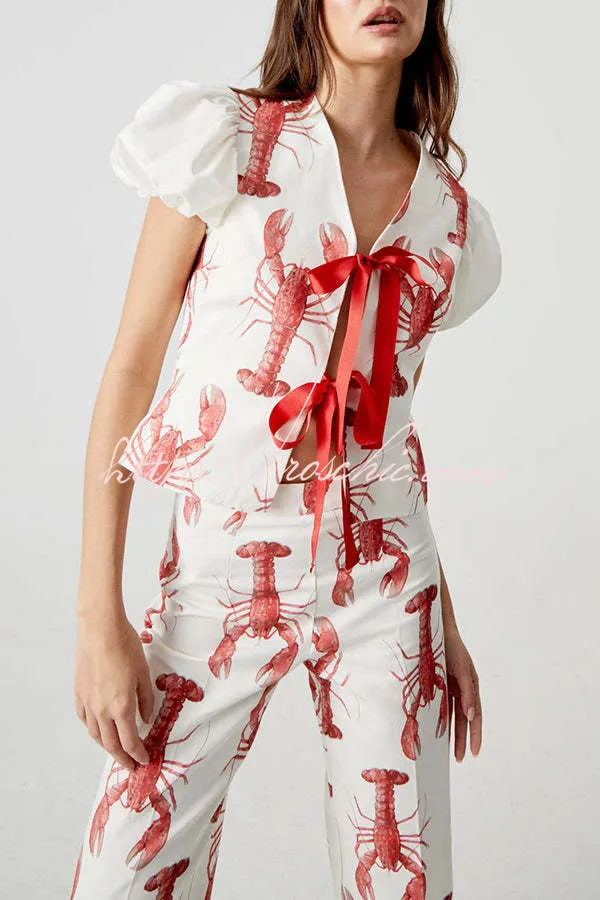 Fun Vacation Lobster Print Front Tie-up Puff Sleeve Loose Shirt