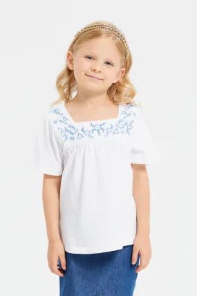 Girls White Jersey Yoke Embroidered Top