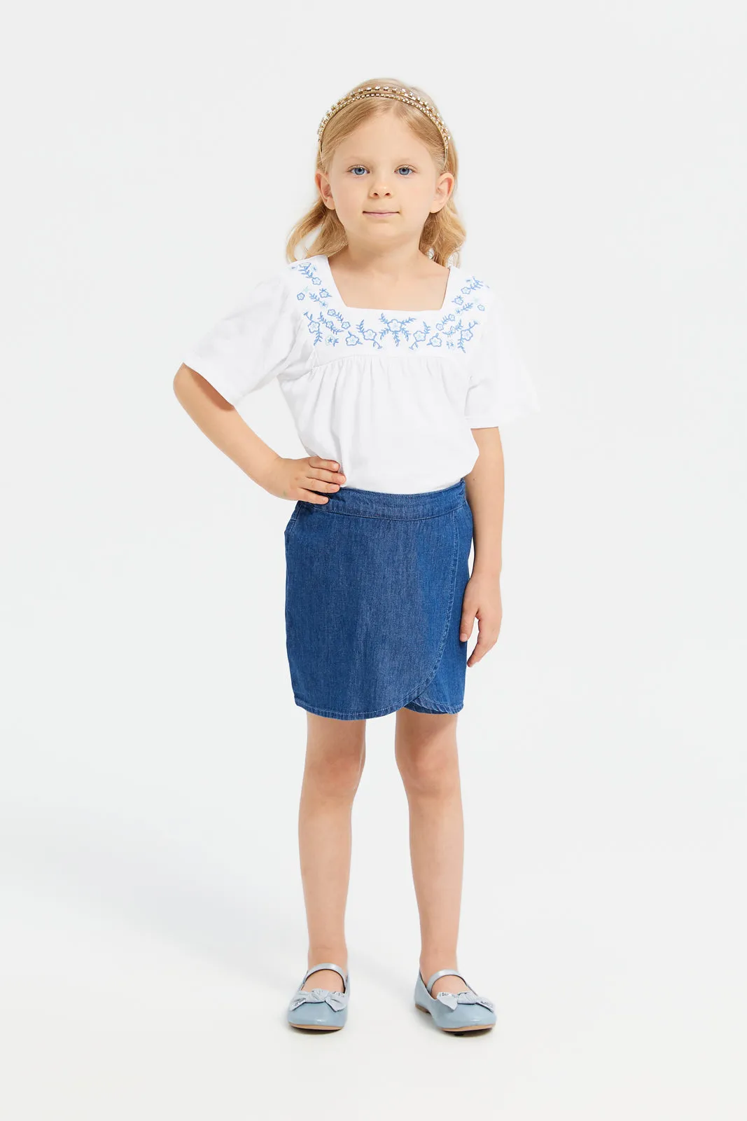 Girls White Jersey Yoke Embroidered Top