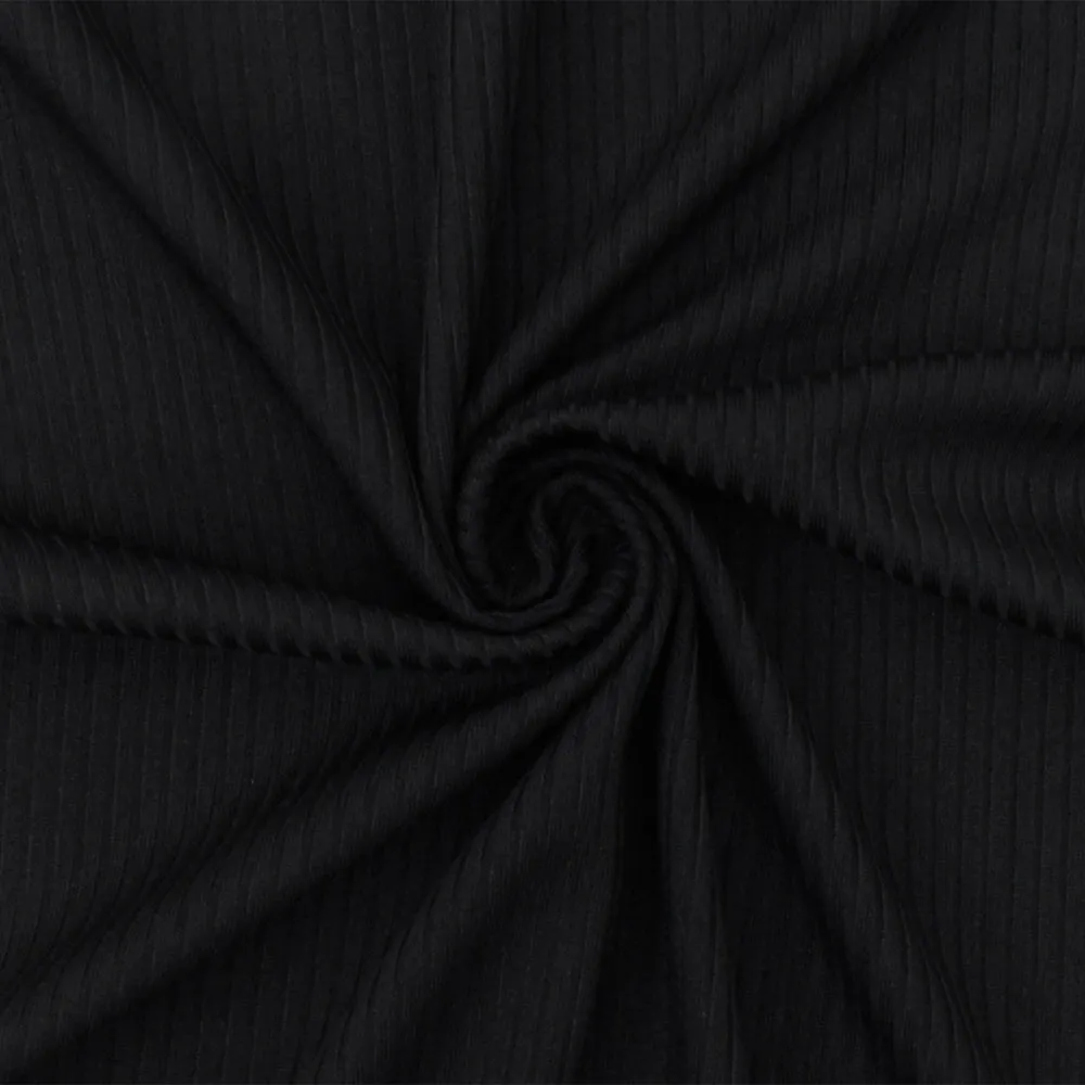 Glory Black Solid Stretch Poly Rib Knit Fabric