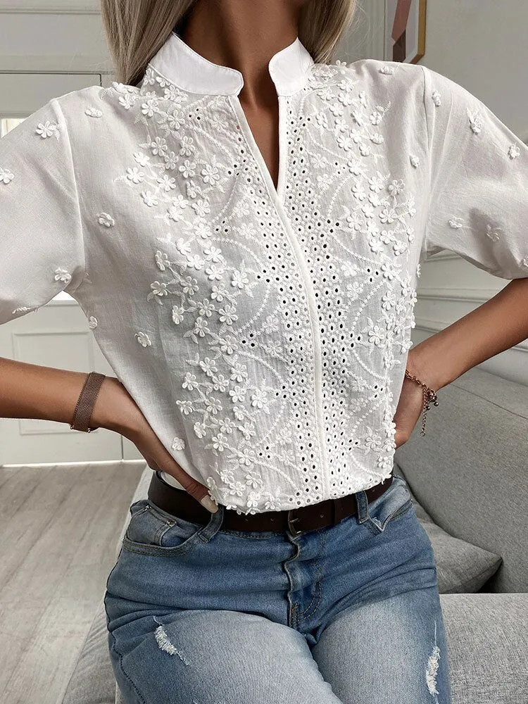 Graduation Gifts  Summer Women Casual Chic Plus Size White Blouses V Neck Hollow Out Floral Pattern Eyelet Embroidery Half Sleeve Daily Wear Top