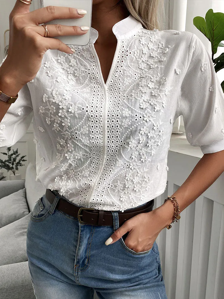 Graduation Gifts  Summer Women Casual Chic Plus Size White Blouses V Neck Hollow Out Floral Pattern Eyelet Embroidery Half Sleeve Daily Wear Top