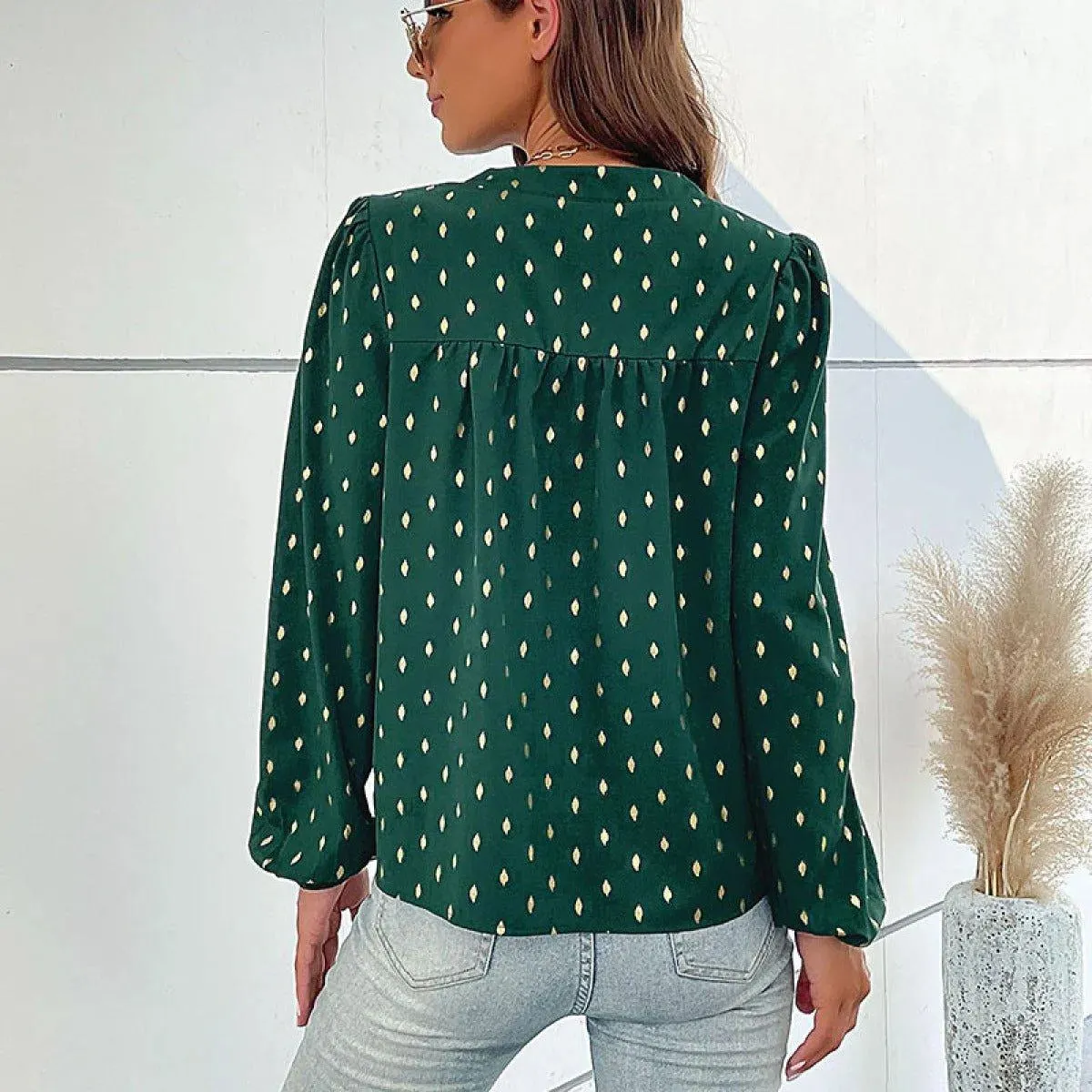 Green Notched Lantern Sleeve Polka Dot Buttoned Blouse