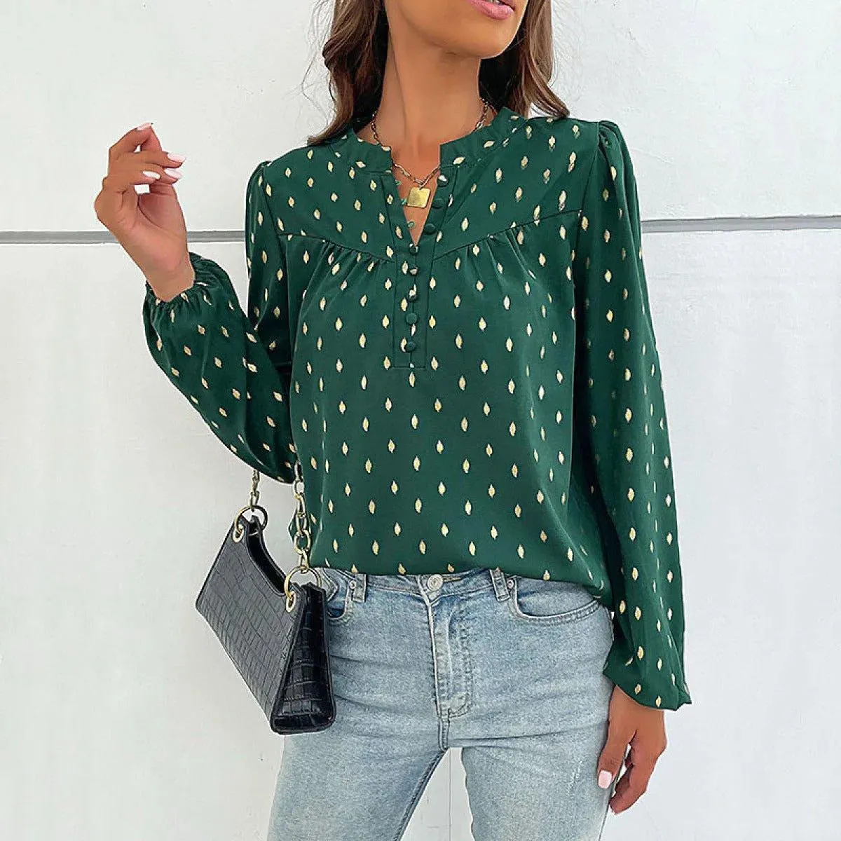 Green Notched Lantern Sleeve Polka Dot Buttoned Blouse