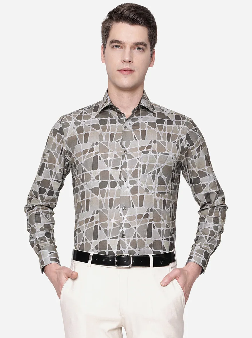 Grey & Brown Printed Slim Fit Party Wear Shirt | Greenfibre