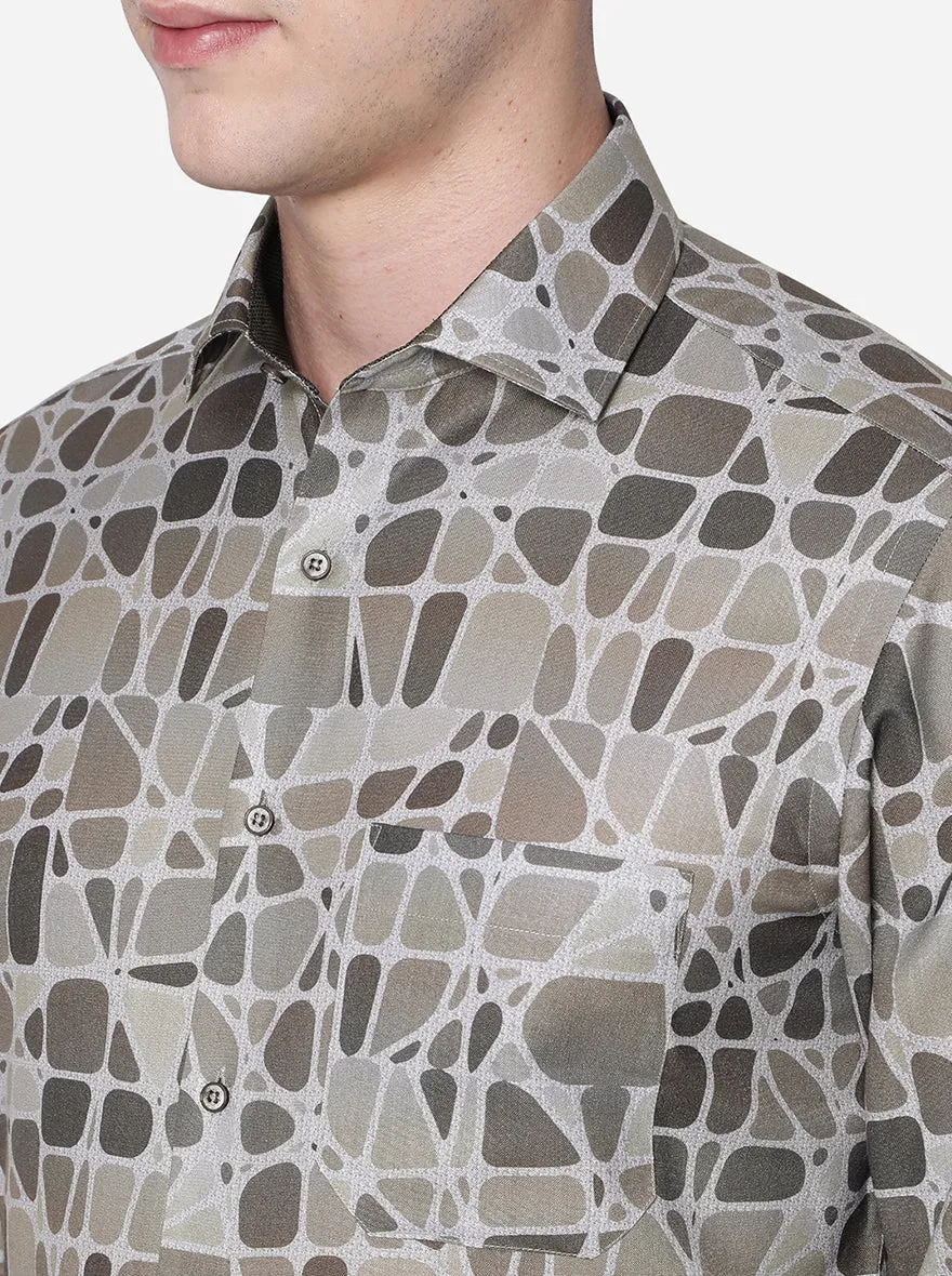 Grey & Brown Printed Slim Fit Party Wear Shirt | Greenfibre