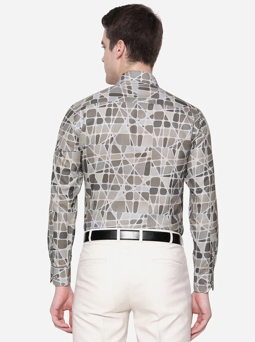 Grey & Brown Printed Slim Fit Party Wear Shirt | Greenfibre